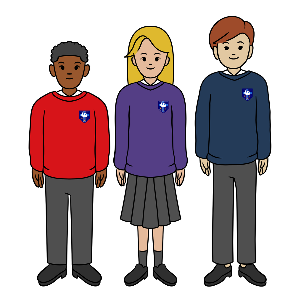 Illustration of pupils in the red, purple and navy school jumpers